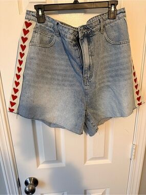 Swell Light Wash Denim Shorts with Red Heart Trim